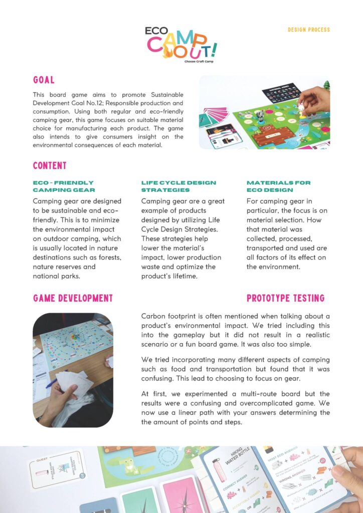 The board game design, “ECO CAMP OUT! Choose Craft Camp” focuses on addressing and solving problems related to the 8 Sustainable Development Goals (SDGs) as part of the Sustainable Design course.