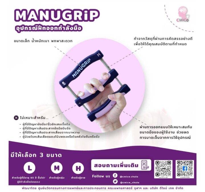 อุปกรณ์ฝึกออกกำลังมือ MANUGRIP is a device designed to help enhance grip strength and improve grasping power, focusing on isometric hand exercises with resistance. (Poster1)